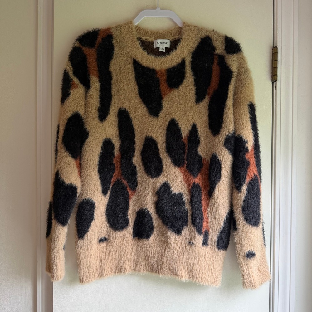Evereve Womens Leopard Print Fuzzy Eyelash Knit Sweater Tan Black Rust Small